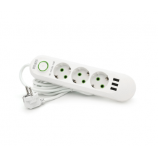 Сетевой фильтр F03U, 3 розетки EU + 3 USB, 1.5 м, сечение 3х0,75мм, 2500W, White, Box