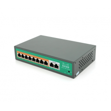 Комутатор POE SICSO 48V з 8 портами POE 100Мбіт + 2 порт Ethernet (UP-Link) 100Мбіт, з посил. сигн. до 250м, корпус-метал, Silver, БП вбудований