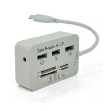 Хаб Type-C алюминиевый, 3 порта USB 3.0+ Card Reader, 20 см, White, Пакет