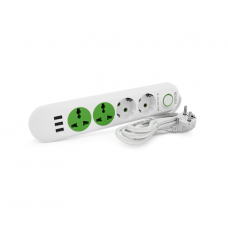 Сетевой фильтр F01U, 2 розетки EU + 2 розетки Universal + 3 USB, 1.5 м, сечение 3х0,75мм, 2500W, White, Box