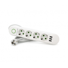 Сетевой фильтр F04U, 4 розетки EU + 3 USB, 1.5 м, сечение 3х0,75мм, 2500W, White, Box