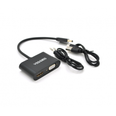Конвертер VEGGIEG H-V1B HDMI (тато) на VGA (мама) + HDMI (мама), 25cm, Black, Пакет