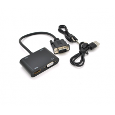 Конвертер VEGGIEG V2-H VGA (тато) на VGA (мама) + HDMI (мама), 25cm, Black, Пакет