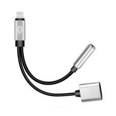 Переходник 2 в 1 Y026 Lighting(M) =>Lighting(F) + Jack 3.5mm(F), 5см, Black / Silver, Box