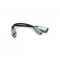 Переходник VEGGIEG TC-208 Type-C(M) => Jack 3.5mm(F)+Type-C(F), 5см, Silver / Black, Пакет