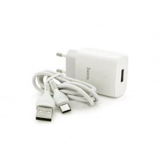 Набор СЗУ 110-240V HOCO C72A+ кабель Type-C, 1xUSB, 2.4A, кабель 1м, White, Blister