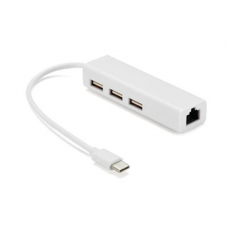 Хаб-конвертор Type-C to Ethernet Сетевой адаптер 10 / 100Mbps с проводом + 3 порта USB2.0, White, Blister-Box