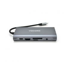 Хаб-конвертор VEGGIEG TC10-U Type-C (тато) на Type-C (мама) + USB3.0 * 3 (мама) + HDMI (мама) + VGA (мама) + SD / TF + RJ45, 10 см, Silver, Box