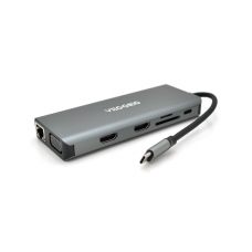 Хаб-конвертор VEGGIEG TC12 Type-C (тато) на Type-C (мама) + USB3.0*4(мама) + HDMI*2(мама) + VGA(мама) + SD / TF + RJ45, 10 см, Silver, Box