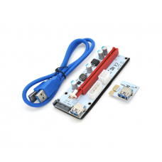Riser PCI-EX, x1=>x16, 4-pin / 6-pin / Sata, USB 3.0 AM-AM 0,6 м (синий), конденсаторы 270, White / Red, Пакет