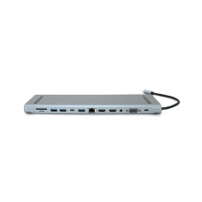 Хаб-конвертор 12 в 1 Type-C (папа) на Type-C(мама)+2*USB2.0(мама)+USB3.0(мама)+2*HDMI(мама)+VGA(мама)+SD / TF+RJ45+ jack3.5 (мама)+PD, 10cm, Silver, Box