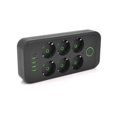 Сетевой фильтр F06U, 6 розеток EU + 4 USB + 1PD, кнопка включения с индикатором, 2 м, 3х0,75мм, 2500W, Black, Box