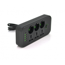 Сетевой фильтр F07U, 6 розеток (3 EU+3 Universal) + 4 USB + 1PD, кнопка включения с индикатором, 2 м, 3х0,75мм, 2500W, Black, Box