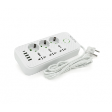 Фільтр F07U, 6 розеток (3 EU+3 Universal) + 4 USB + 1PD, кнопка включення з індикатором, 2 м, 3х0,75мм, 2500W, White, Box