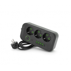 Сетевой фильтр F09U, 3 розетки EU + 4 USB + 1PD, кнопка включения с индикатором, 2 м, 3х0,75мм, 2500W, Black, Box