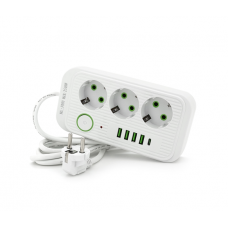 Фільтр мережі F09U, 3 розетки EU + 4 USB + 1PD, кнопка включення з індикатором, 2 м, 3х0,75мм, 2500W, White, Box
