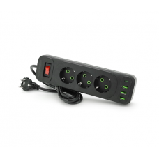Сетевой фильтр F23U, 3 розетки EU + 3 USB + PD, кнопка включения с индикатором, 2 м, 3х0,75мм, 2500W, Black, Box