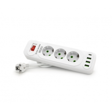 Сетевой фильтр F23U, 3 розетки EU + 3 USB + PD, кнопка включения с индикатором, 2 м, 3х0,75мм, 2500W, White, Box