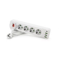 Сетевой фильтр F24U, 4 розетки EU + 3 USB + PD, кнопка включения с индикатором, 2 м, 3х0,75мм, 2500W, White, Box