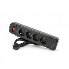 Сетевой фильтр F24U, 4 розетки EU + 3 USB + PD, кнопка включения с индикатором, 2 м, 3х0,75мм, 2500W, Black, Box