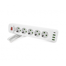 Сетевой фильтр F25U, 5 розеток EU + 3 USB + PD, кнопка включения с индикатором, 2 м, 3х0,75мм, 2500W, White, Box