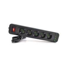 Сетевой фильтр F25U, 5 розеток EU + 3 USB + PD, кнопка включения с индикатором, 2 м, 3х0,75мм, 2500W, Black, Box