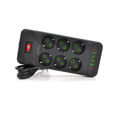 Сетевой фильтр F33U, 6 розеток EU + 4 USB + 2 PD, кнопка включения с индикатором, 2 м, 3х0,75мм, 2500W, Black, Box