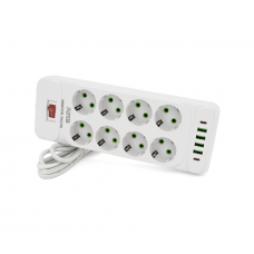 Сетевой фильтр F34U, 8 розеток EU + 4 USB + 2 PD, кнопка включения с индикатором, 2 м, 3х0,75мм, 2500W, White, Box