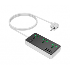 Сетевой фильтр HOCO AC7A на 3 розетки + 3 USB+USB-C, 17W, 220В, кабель 1,5м, Black / White, Box