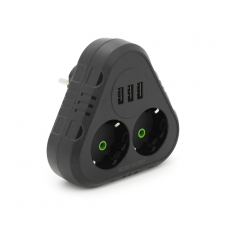 Розетка тройник с заземлением F202-Black, 2 розетки+3USB(1А), 2500W, 10A, 110-250V~Max, Blister