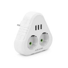Розетка тройник с заземлением F202-White, 2 розетки+3USB(1А), 2500W, 10A, 110-250V~Max, Blister