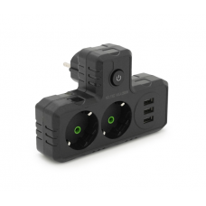 Розетка тройник Т-образнаый с заземлением F302-Black, 2 розетки+3USB(1А), 2500W, 10A, 110-250V~Max, Blister