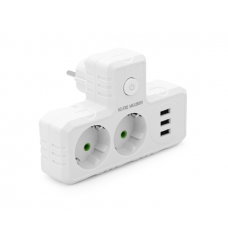 Розетка тройникТ-образнаый с заземлением F302-White, 2 розетки+3USB(1А), 2500W, 10A, 110-250V~Max, Blister