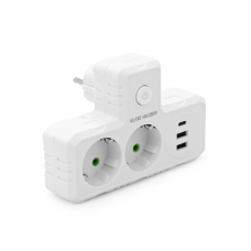Розетка тройникТ-образнаый с заземлением F303-White, 2 розетки+2USB+1Type-C, 2500W, 10A, 110-250V~Max, Blister
