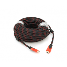 Кабель Merlion HDMI-HDMI 30m, v1.4, OD-7.4mm, 2 фильтра, оплетка, круглый Black / RED, коннектор RED / Black, (Пакет)