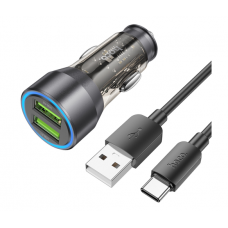 Набор АЗУ 12-24V HOCO NZ12+ кабель Type-C, 2xUSB, 36W, кабель 1м, Black, Box