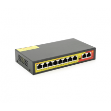 Комутатор POE з 8 портами POE 100Мбіт + 2 порт Ethernet (UP-Link) 100Мбіт, 52V / 2.3A, 100 / 250метрів, корпус - метал, Black, БП вбудований