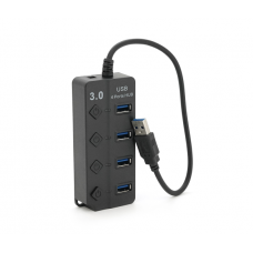 Хаб USB 3.0 4 порти, Black, 5Gb / s живлення від USB, з кнопкою LED / Blue на кожен порт, Blister