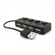 Хаб USB 2.0 4 порта, Black, 480Mbts питание от USB, с кнопкой LED / Blue на каждый порт, Blister