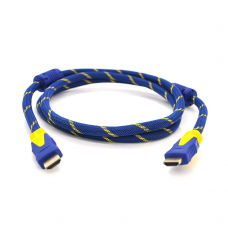 Кабель Merlion HDMI-HDMI 5.0m, v1.4, OD-8.0mm, 2 фильтра, оплетка, круглый Blue / Gold, коннектор Blue-yellow, (Пакет)