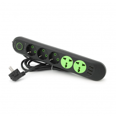 Сетевой фильтр F02U, 3 розетки EU + 2 розетки Universal + 3 USB, 1.5 м, сечение 3х0,75мм, 2500W, Black, Box