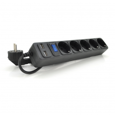 Сетевой удлинитель MERLION B518U, 220В 10А, 5 розеток + 2 порта USB 2.1A, 1,8 м, сечение 3х0,75мм, черный