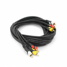 Кабель Audio-Video 3хRCA (папа) => 3хRCA (папа), GOLD connector, CU, круглый, черный, 3,0 м, (Пакет) Премиум